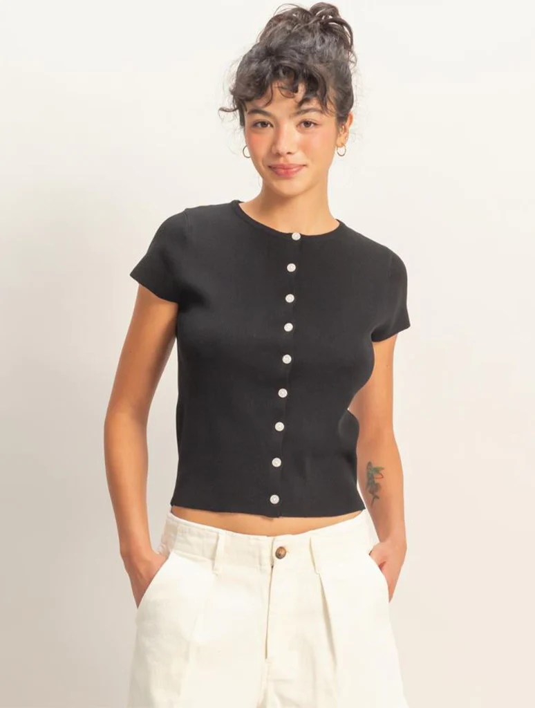 Button Front Short Sleeve Knit Top