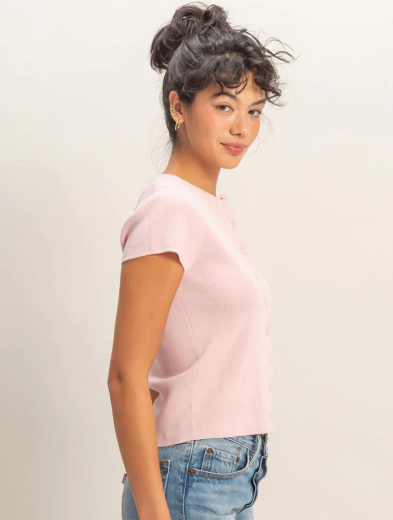 Button Front Short Sleeve Knit Top - Image 5