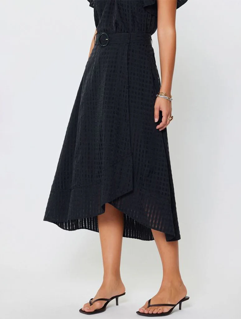 Gingham Asymmetric Belted Midi Skirt - Image 2