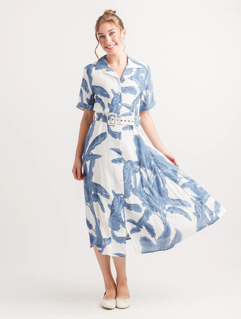 Leaf Print Collared Button Front Dress With Belt
