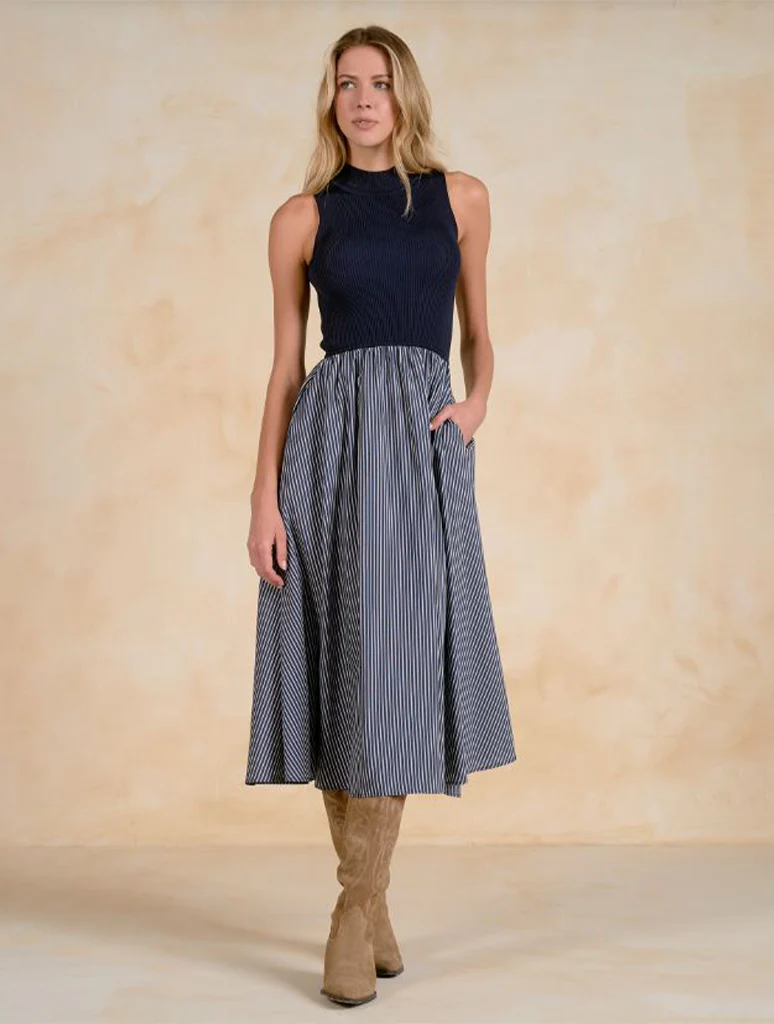Mock Neck Mixed Media Maxi Dress