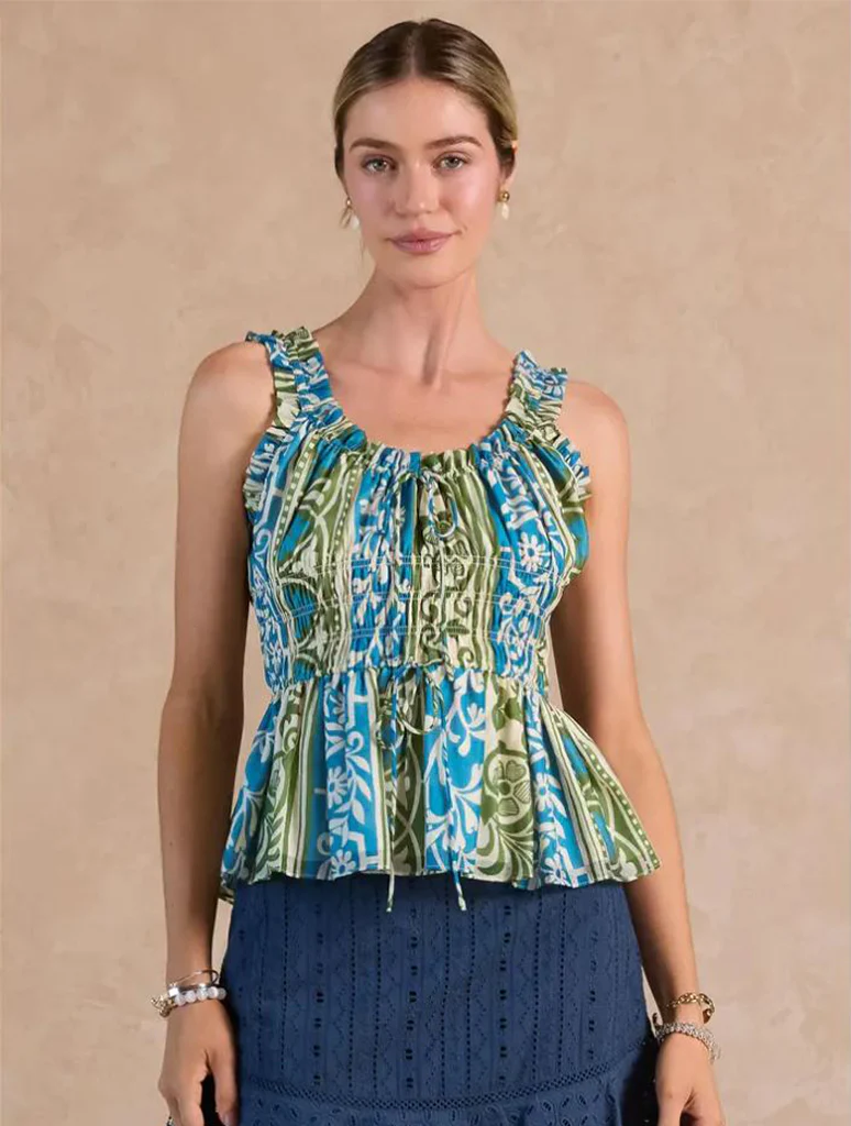 Ruffled Sweetheart Sleeveless Peplum Top with Smocked Waist