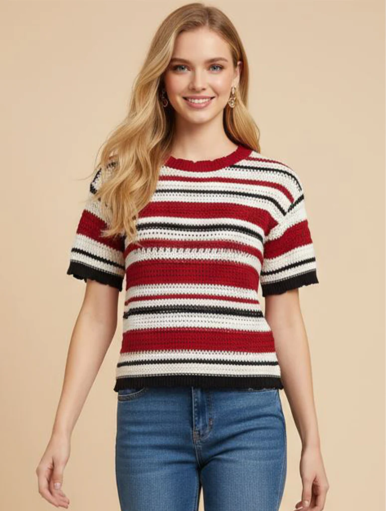 Striped Short Sleeve Crochet Knit Top